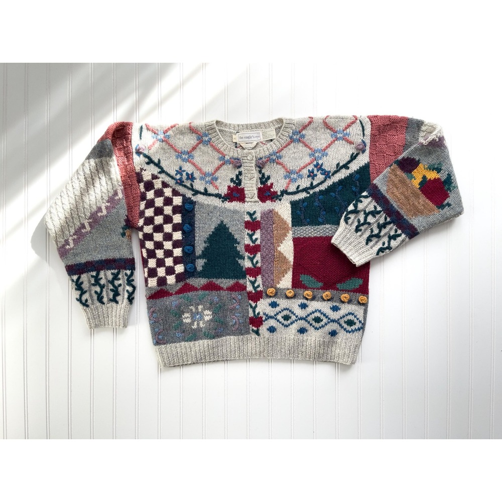 vtg Eagle's‎ Eye Shetland wool floral patchwork hand knit sweater